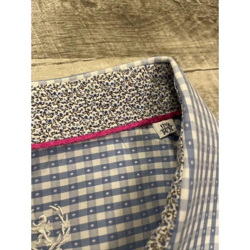 Bugatchi Uomo Dress Shirt Men's‎ Size 17.5 34 Flip Cuff Long Sleeve Blue Lion
